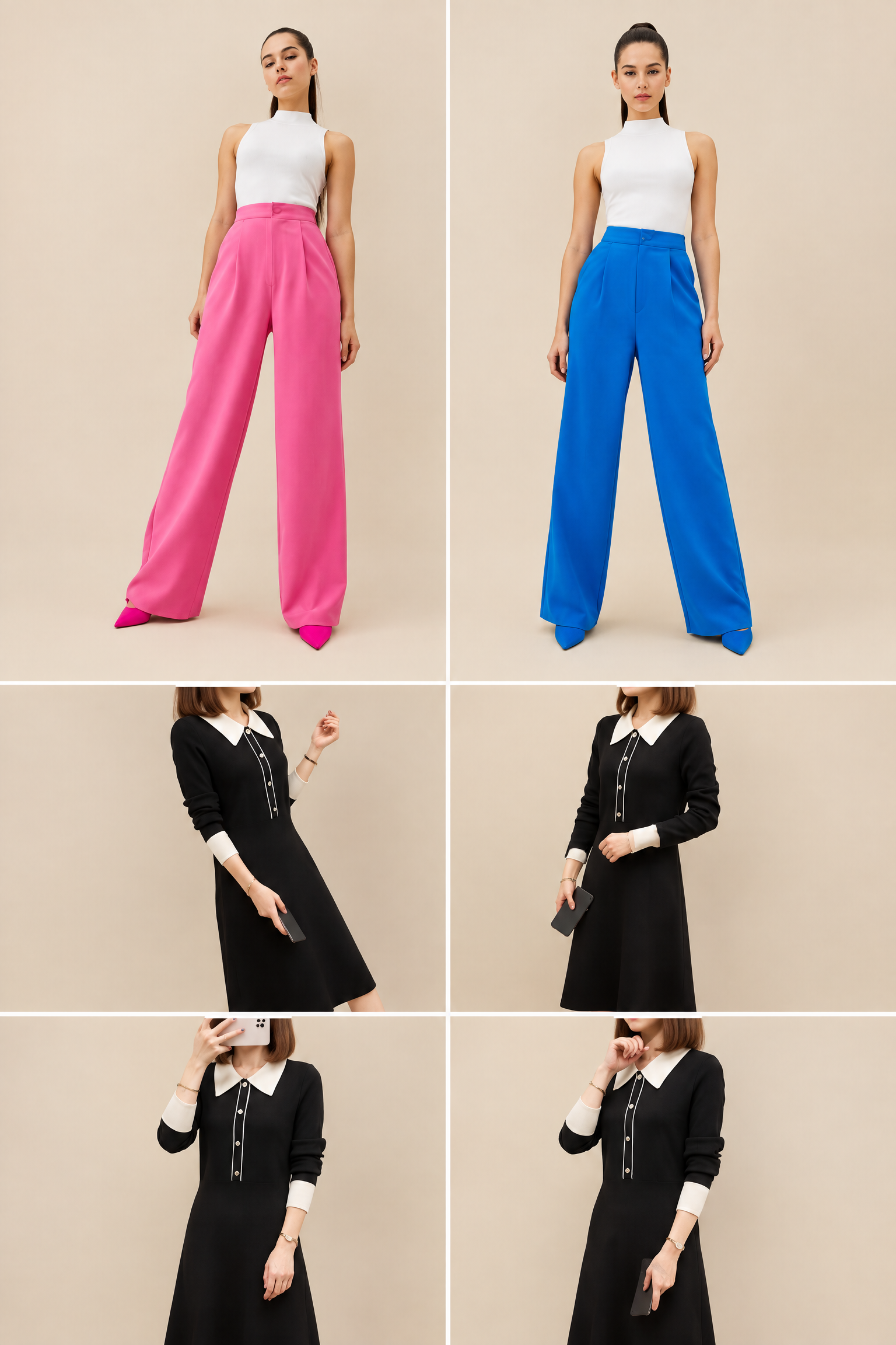 Pink and blue wide-leg trousers with black dresses
