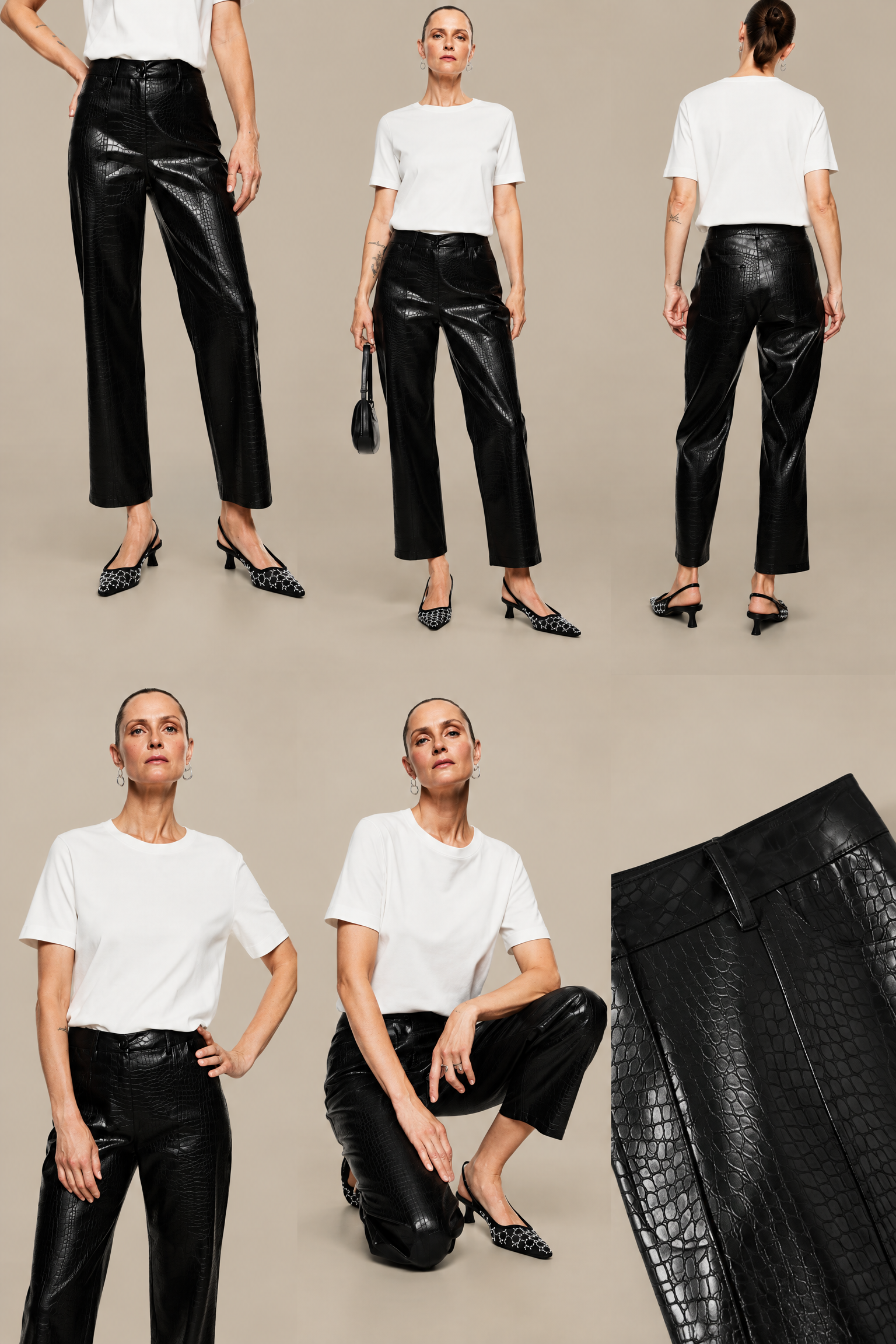 White T-shirts styled with black trousers and leather pieces