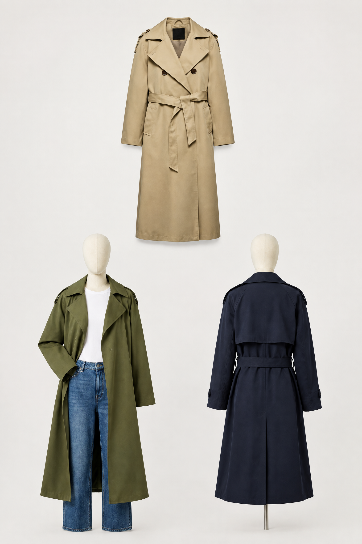Beige, olive and navy coats