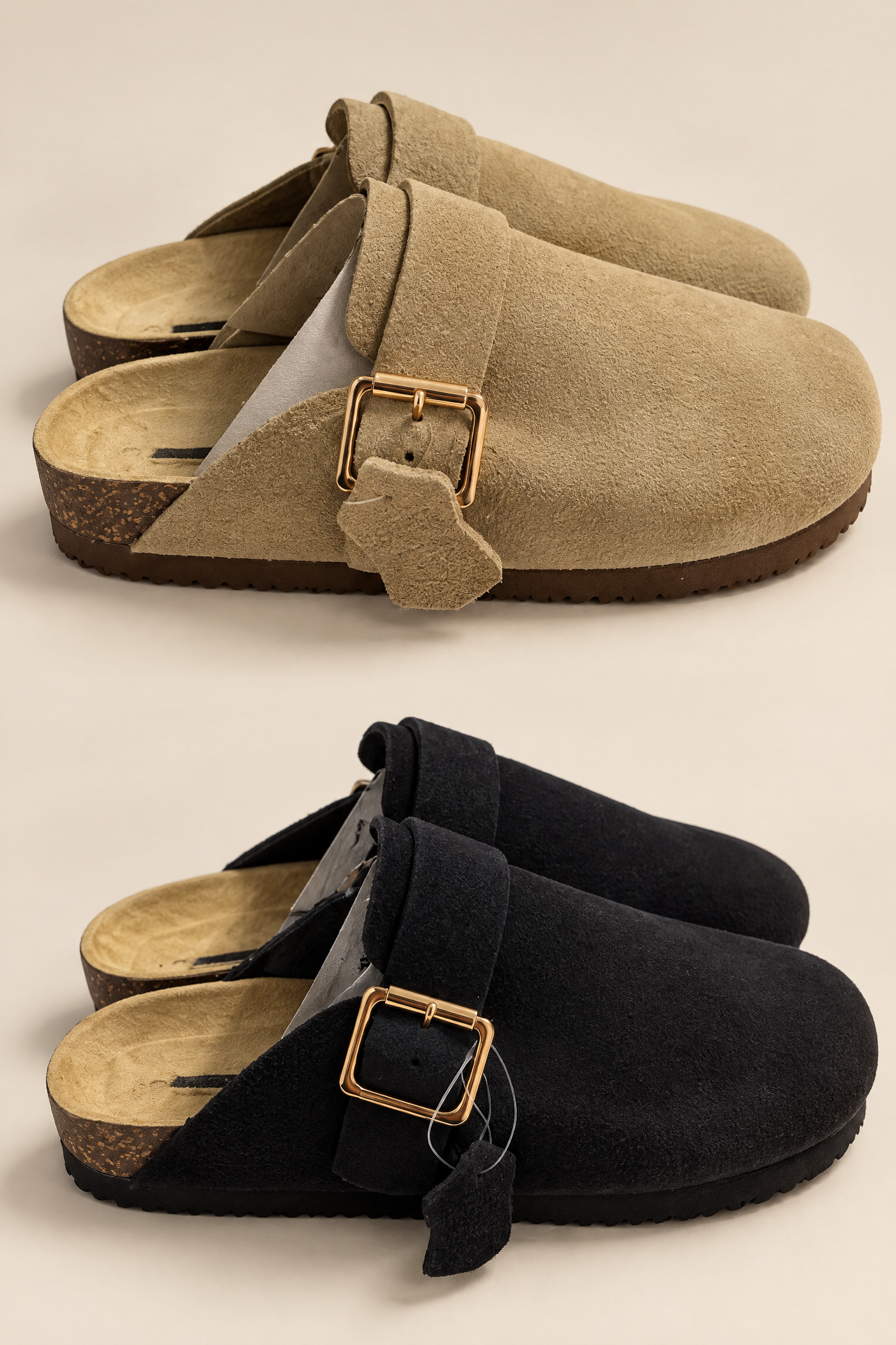 Tan and black buckle sandals